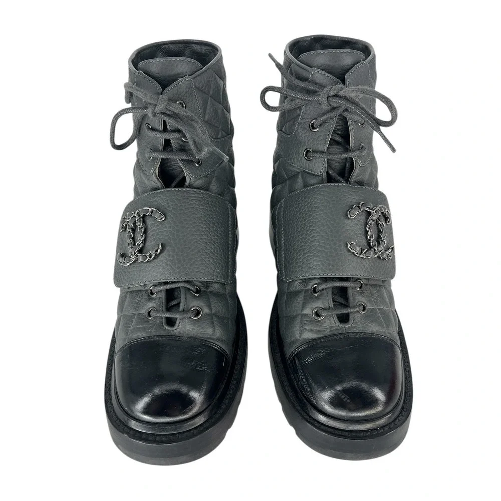 Chanel 2022 CC Chain Quilted Cap Toe Logo Combat Boots in Gray & Black Size 39.5